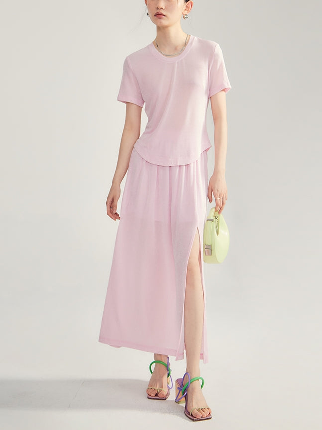 Simple Natural Crew-Neck Plain T-Shirt&Long-Skirt