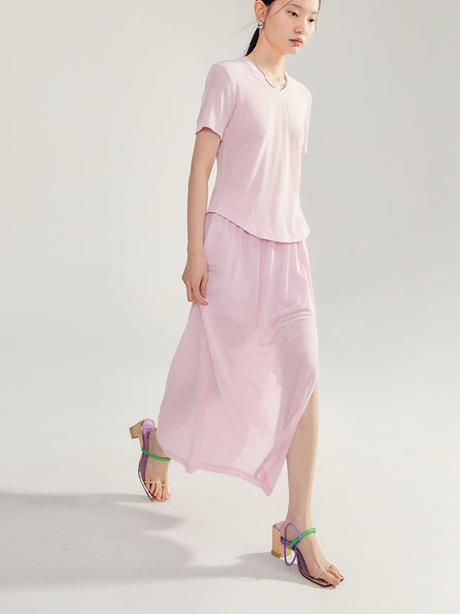Simple Natural Crew-Neck Plain T-Shirt&Long-Skirt