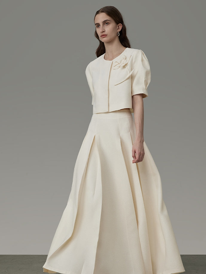 Flower Embroidery Puff-Sleeve Formal Blouse&Long-Skirt