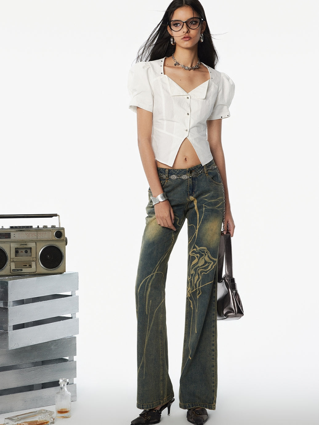 Puff-Sleeve Back-Lace-Up Tiered Flare Blouse & Long-Skirt