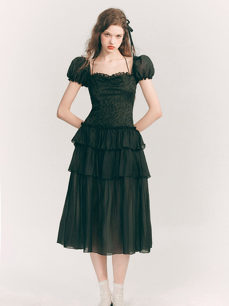 Spitze elegant langstufig schiere Puffs-Sleeve Ein-Stück