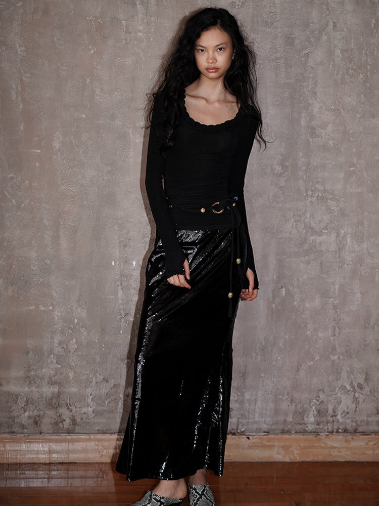 Nichi-Collar Glossy Slim Stretch einzigartiger Strick