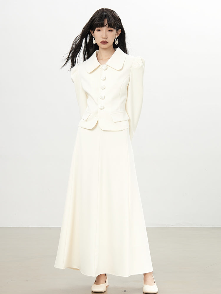 Power-Shoulder Big-Button Suit Plain Jacket&Long-Skirt