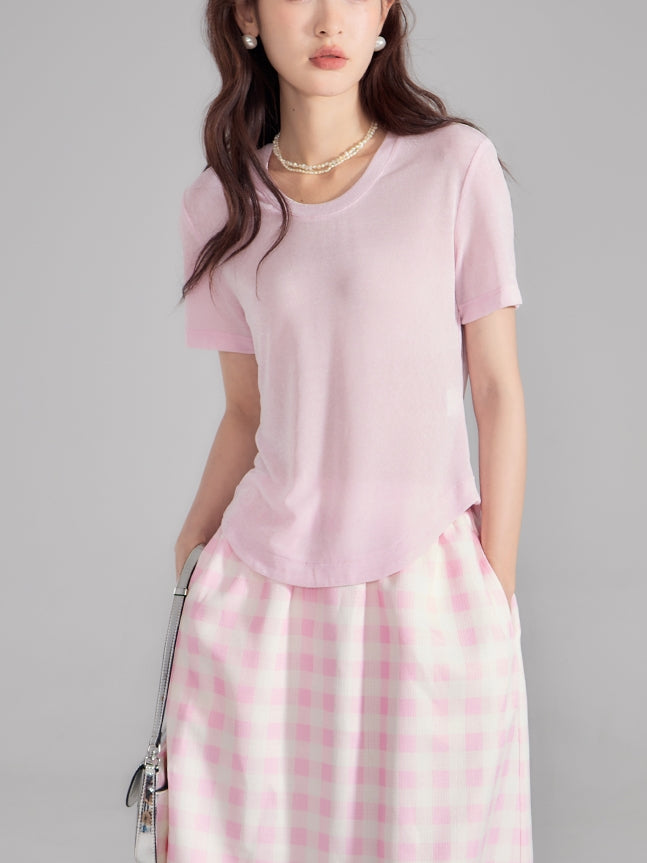 Simple Natural Crew-Neck Plain T-Shirt&Long-Skirt