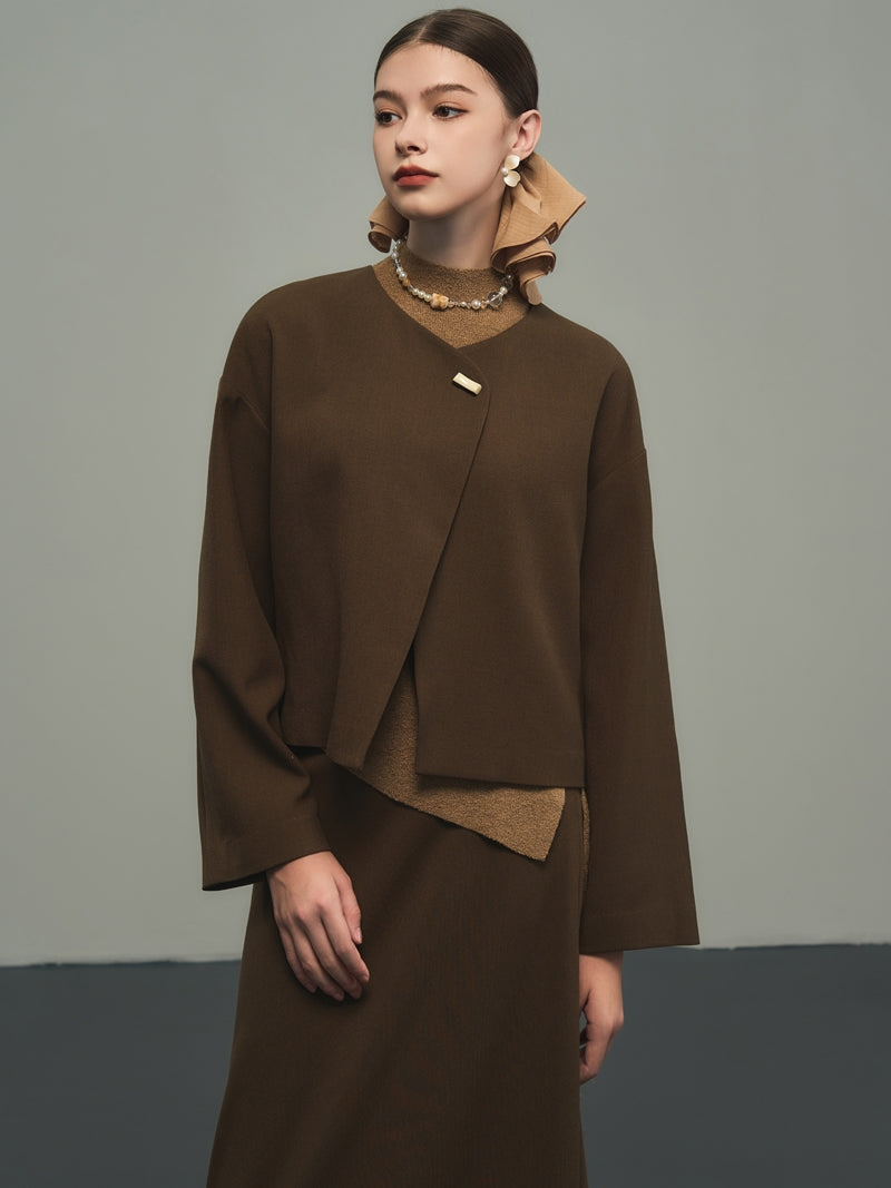 Nichi No-Collar Plain Loose Flare Jacket Mantle