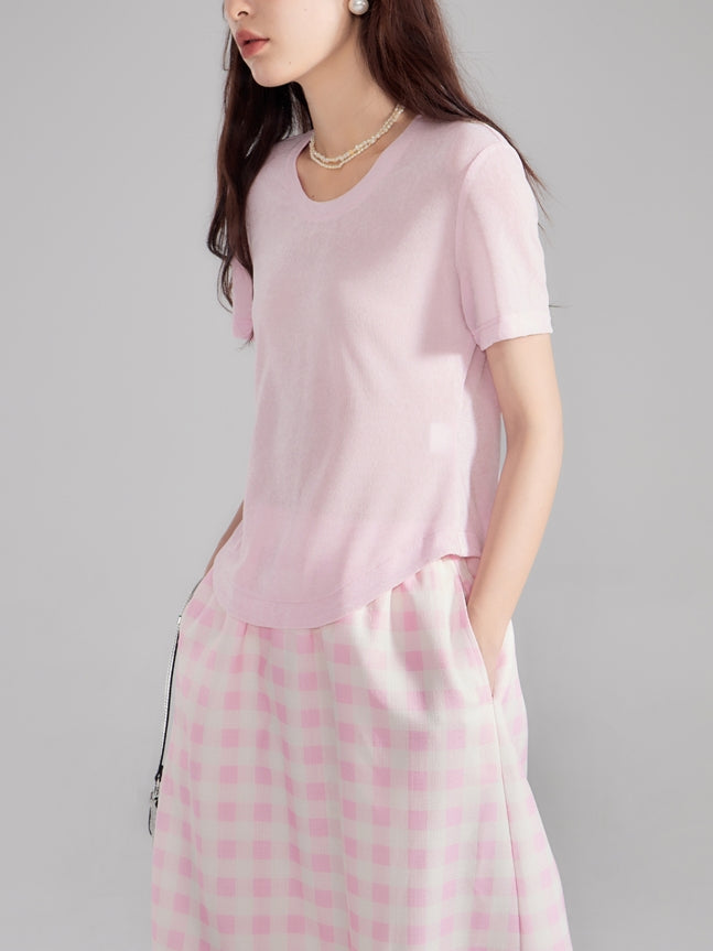 Simple Natural Crew-Neck Plain T-Shirt&Long-Skirt