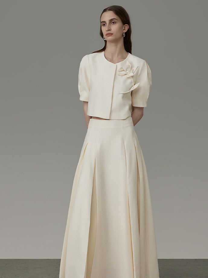 Flower Embroidery Puff-Sleeve Formal Blouse&Long-Skirt