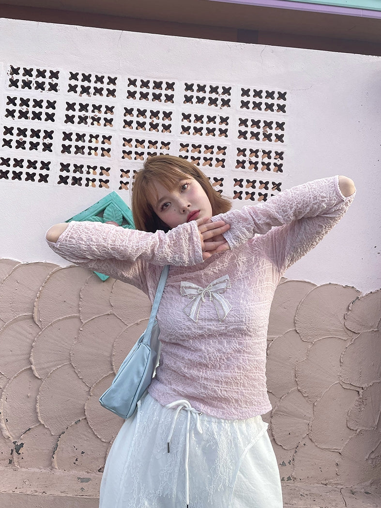 레이스 리본 주름진 여성스러운 얇은 진주 컷팅