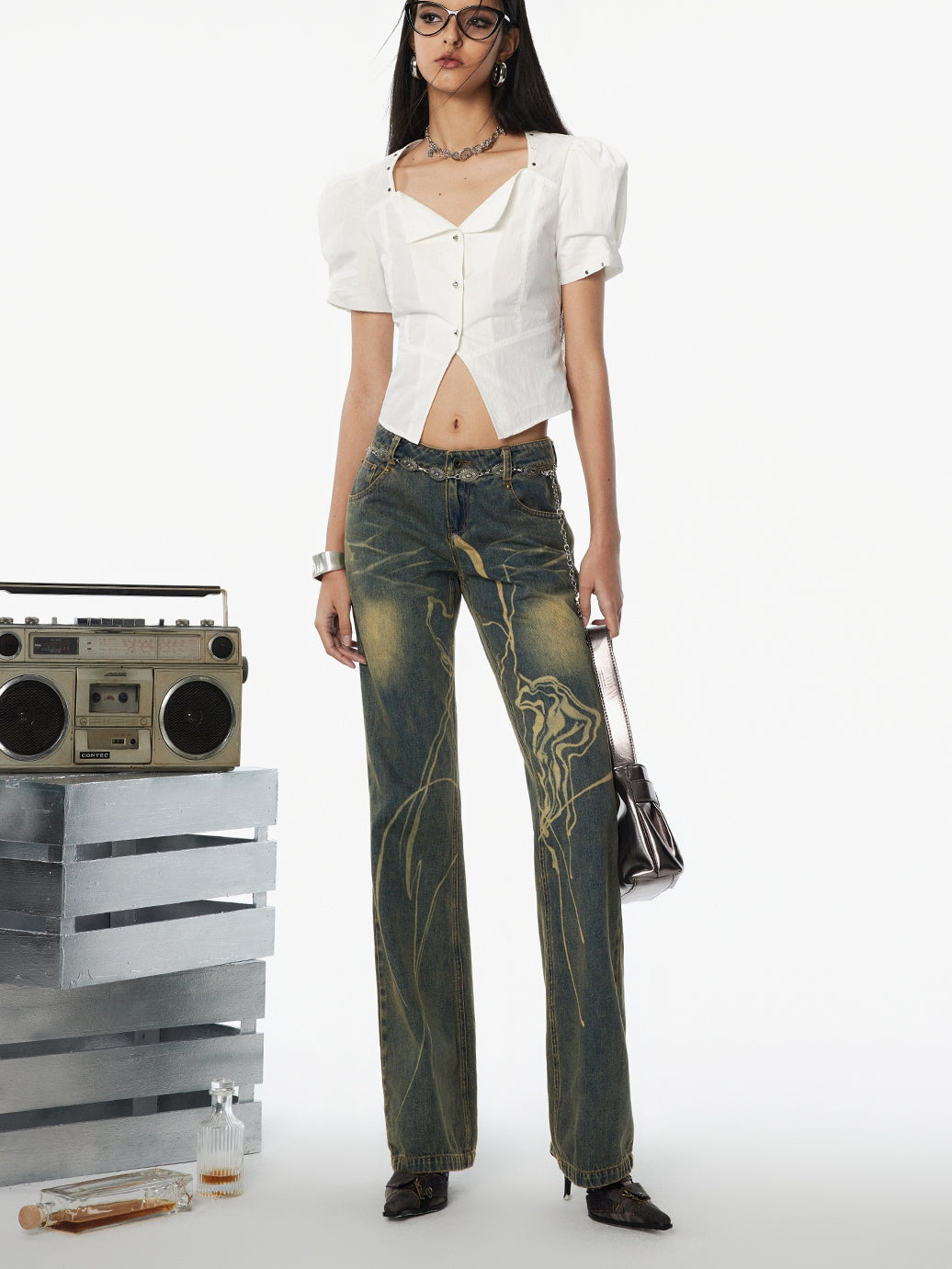 Puff-Sleeve Back-Lace-Up Tiered Flare Blouse & Long-Skirt