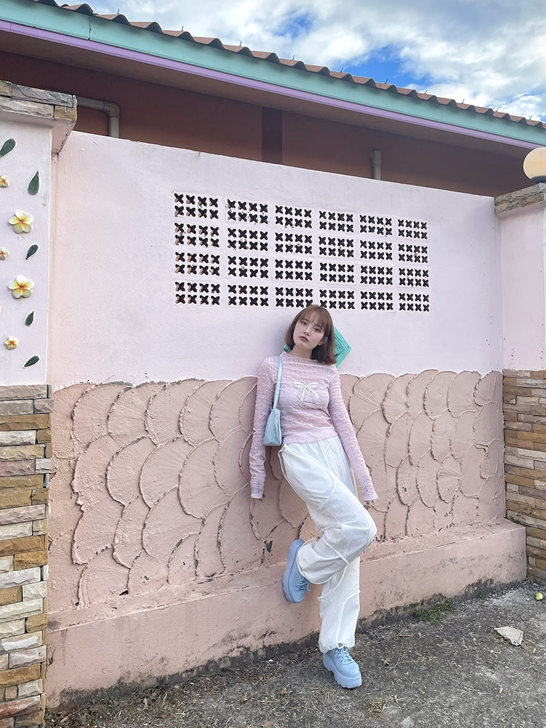 레이스 리본 주름진 여성스러운 얇은 진주 컷팅