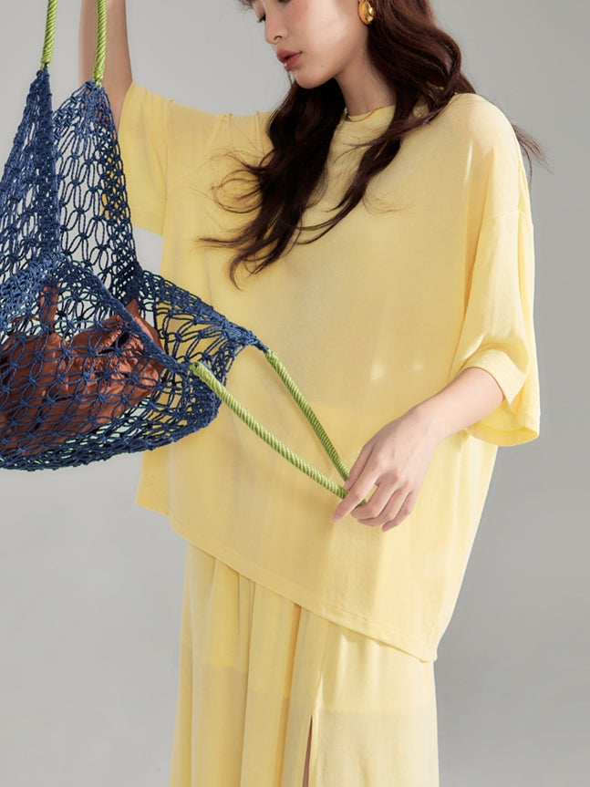 Simple Natural Crew-Neck Plain T-Shirt&Long-Skirt