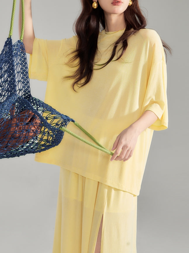 Simple Natural Crew-Neck Plain T-Shirt&Long-Skirt