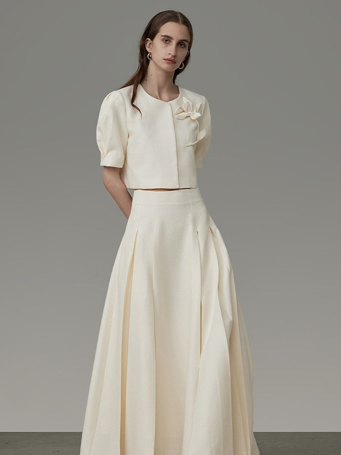 Flower Embroidery Puff-Sleeve Formal Blouse&Long-Skirt