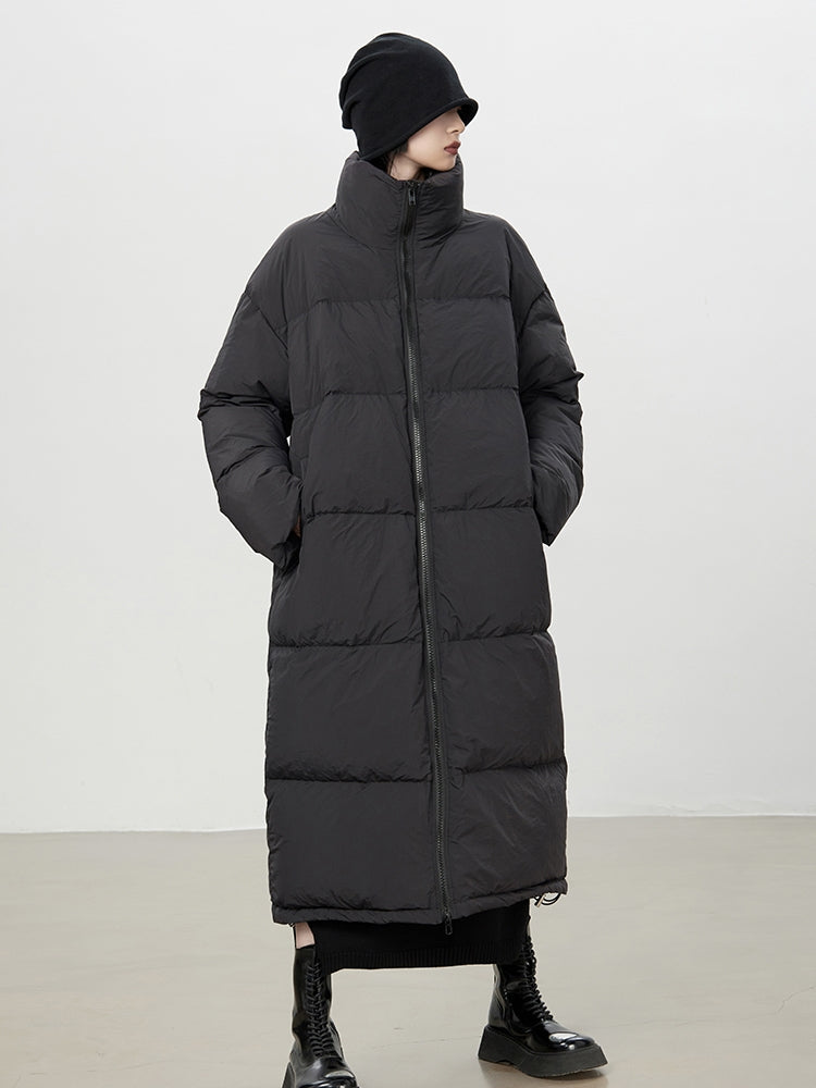Stand-Neck Plain Long-Coat Down-Coat