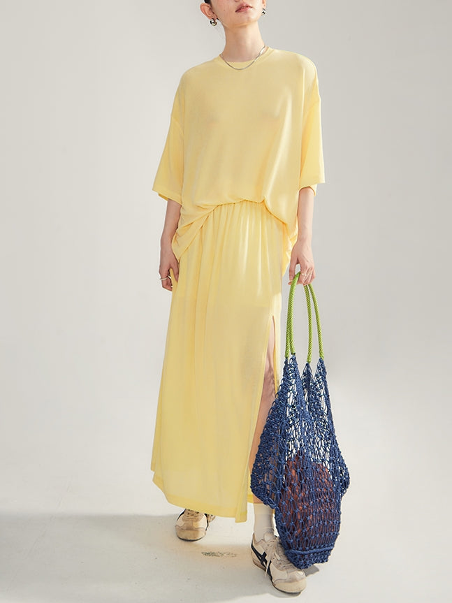 Simple Natural Crew-Neck Plain T-Shirt&Long-Skirt