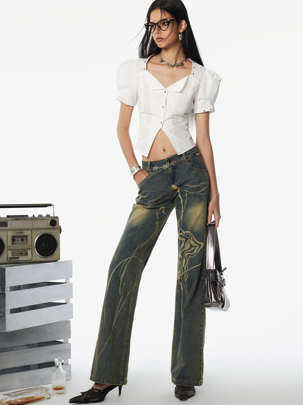 Puff-Sleeve Back-Lace-Up Tiered Flare Blouse & Long-Skirt