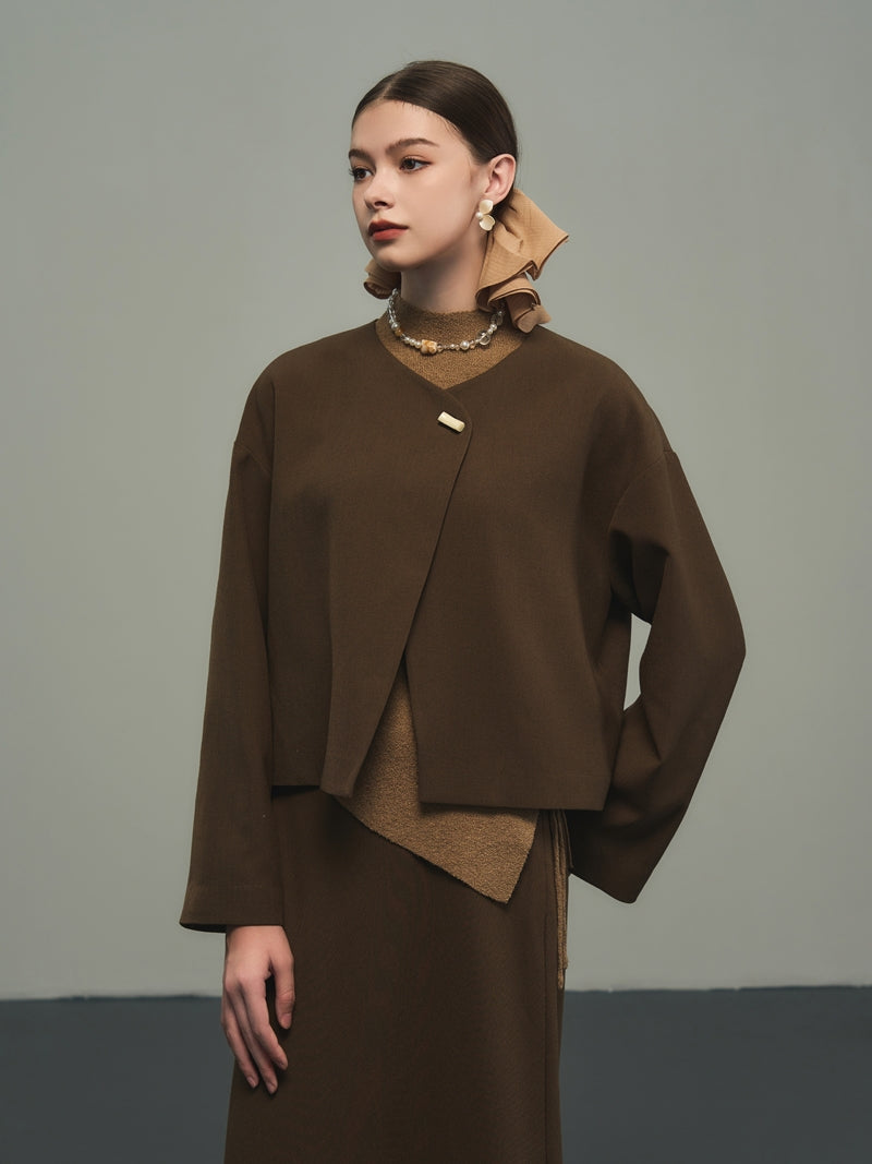 Nichi No-Collar Plain Loose Flare Jacket Mantle