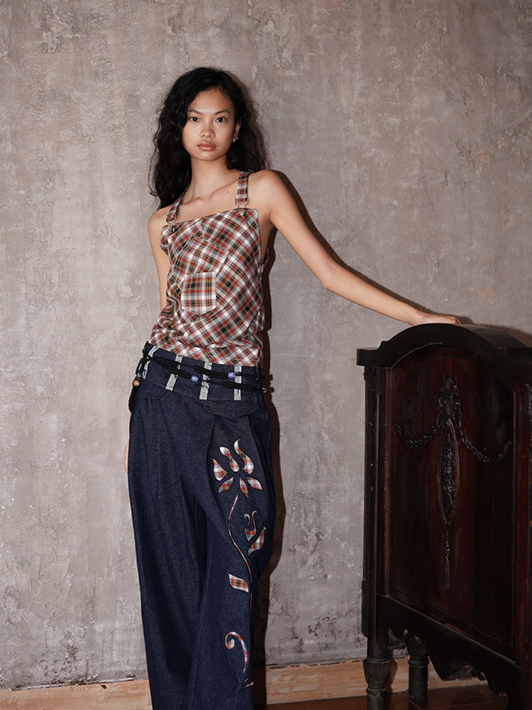 체크 백 오픈 백-크로스 걸리 탑