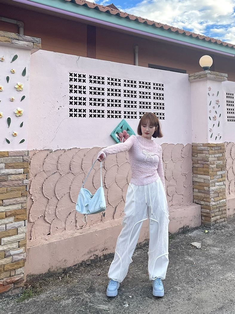 레이스 리본 주름진 여성스러운 얇은 진주 컷팅