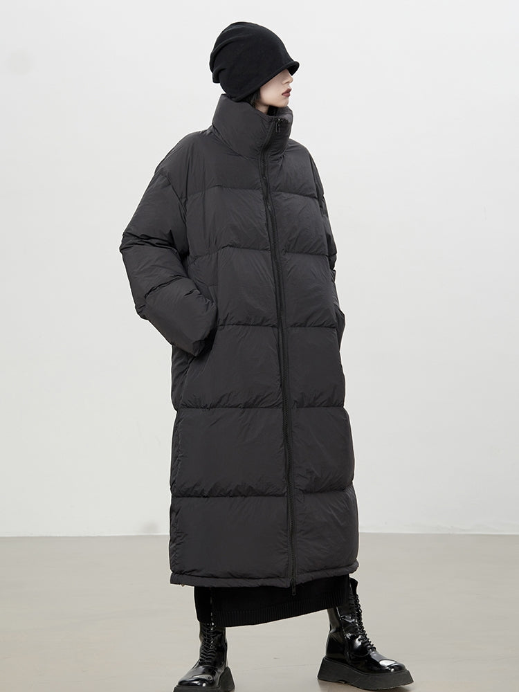 Stand-Neck Plain Long-Coat Down-Coat