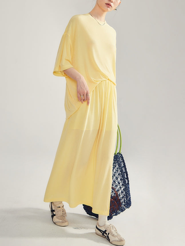 Simple Natural Crew-Neck Plain T-Shirt&Long-Skirt