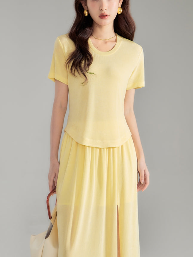 Simple Natural Crew-Neck Plain T-Shirt&Long-Skirt