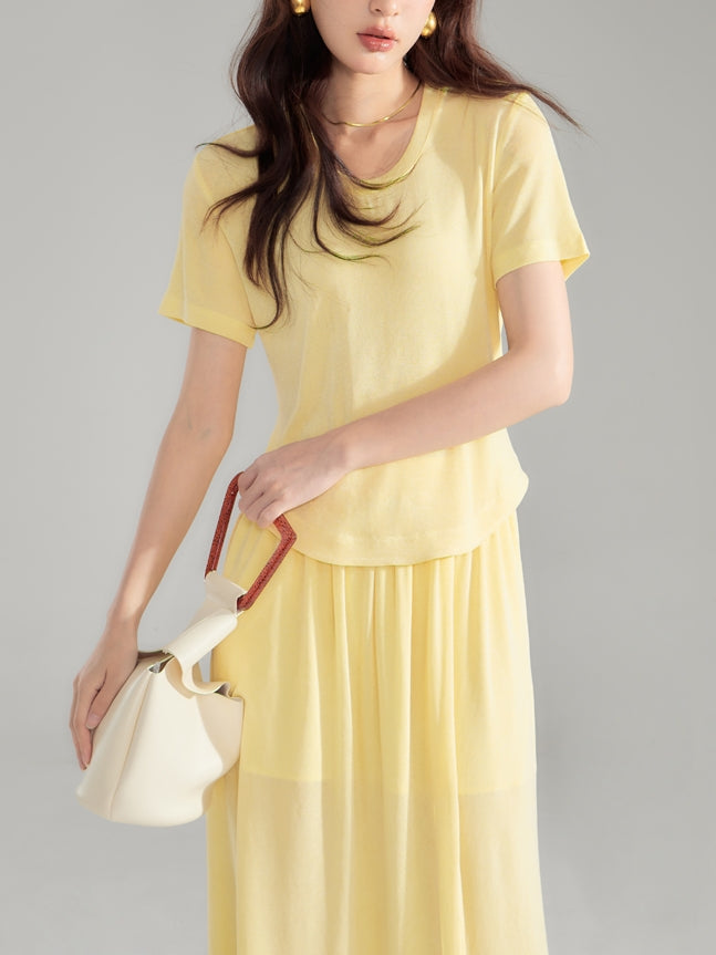 Simple Natural Crew-Neck Plain T-Shirt&Long-Skirt