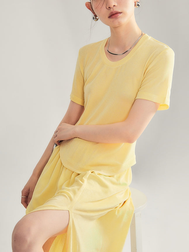 Simple Natural Crew-Neck Plain T-Shirt&Long-Skirt