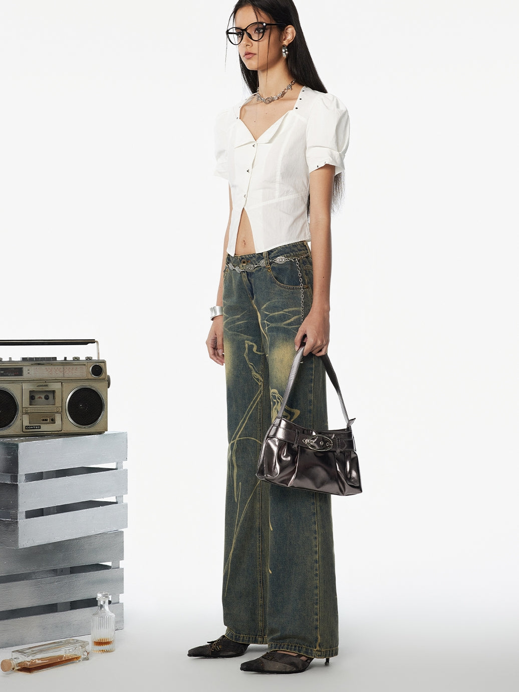 Puff-Sleeve Back-Lace-Up Tiered Flare Blouse & Long-Skirt