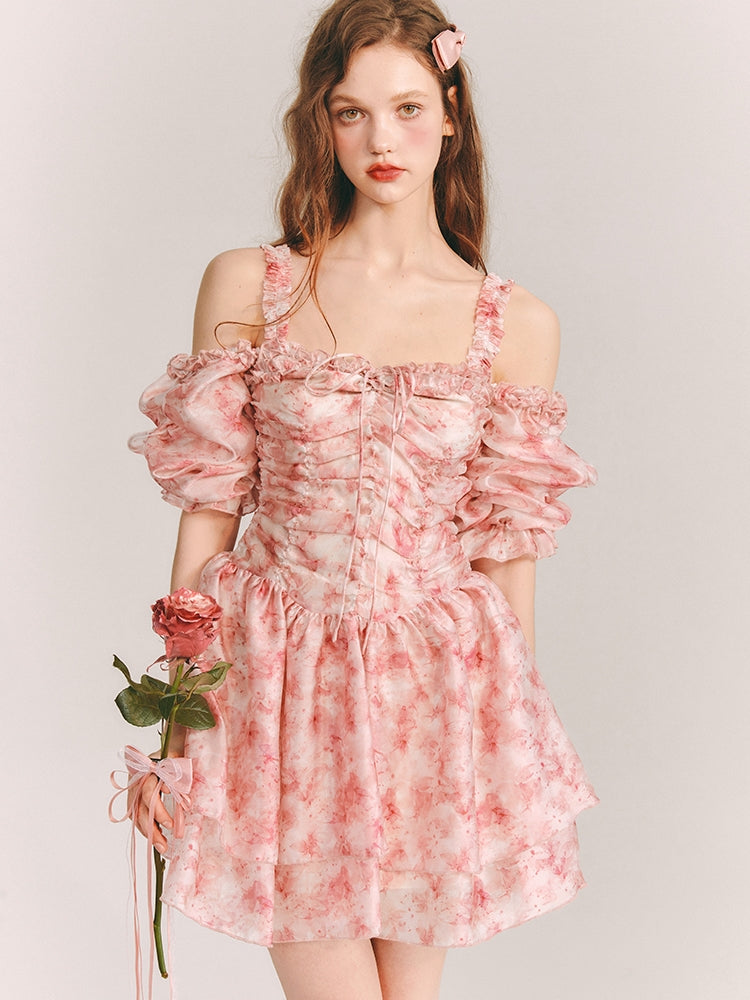 2 웨이 퍼프 슬리브 꽃은 원피스를 흐른다