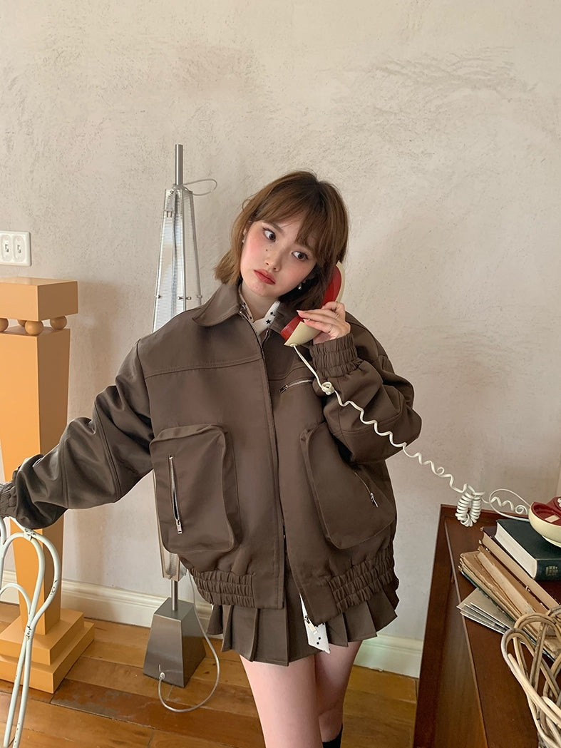 Big-Pocket Retro Casual Oversize Jacket&Mini-Skirt