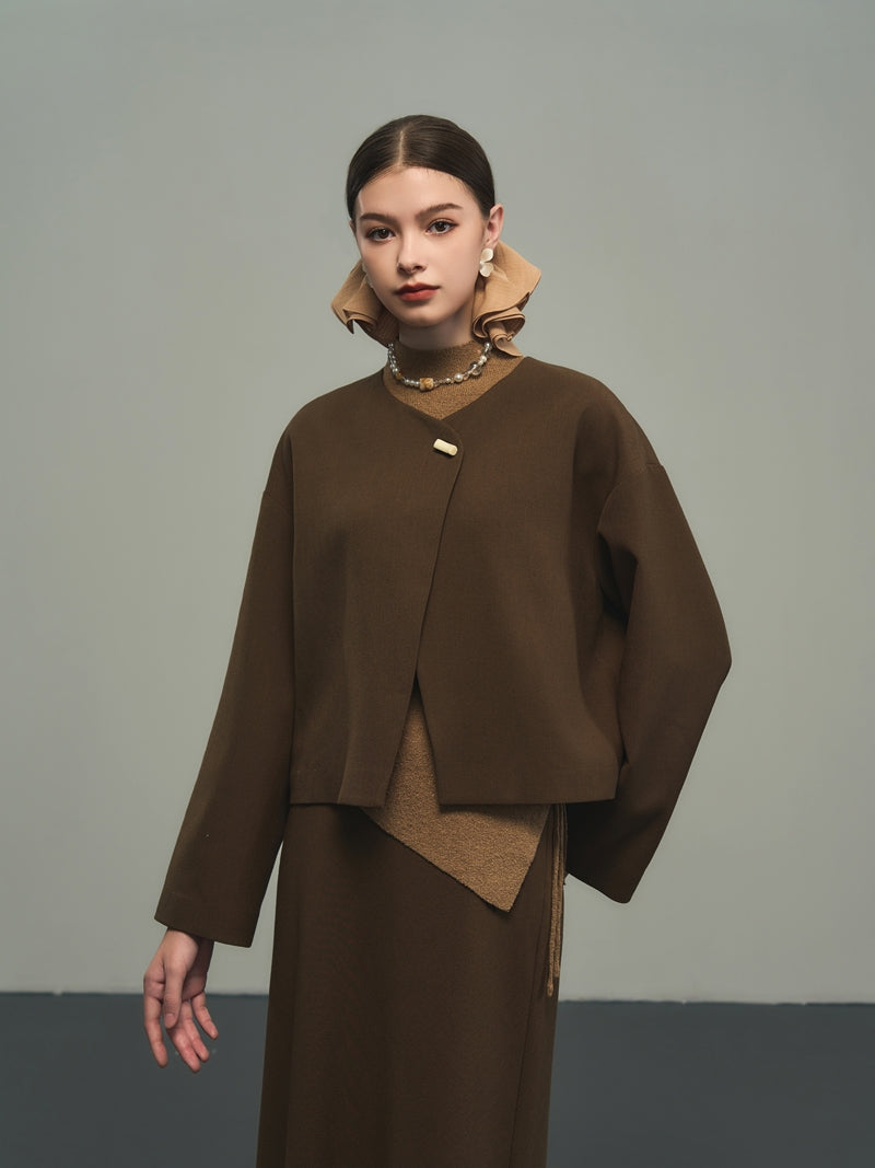 Nichi No-Collar Plain Loose Flare Jacket Mantle