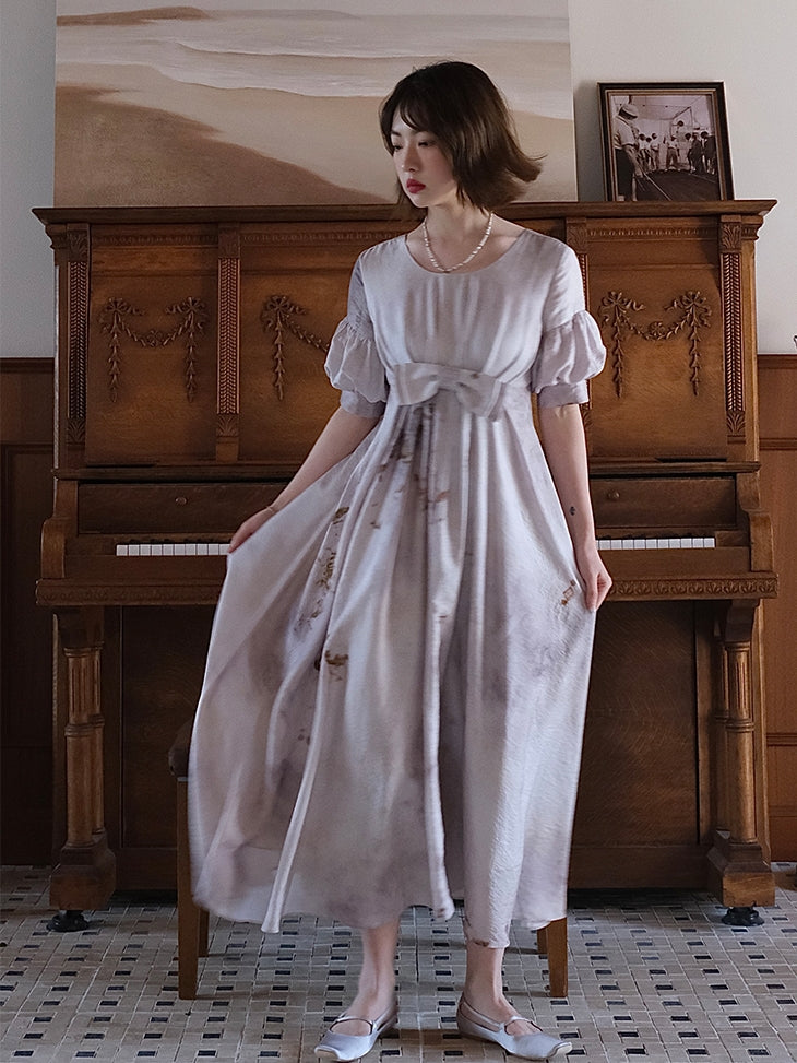 세련된 퍼프 슬리브 리본 플레어 원피스