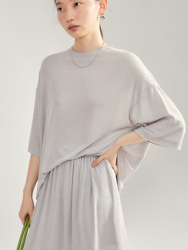 Simple Natural Crew-Neck Plain T-Shirt&Long-Skirt
