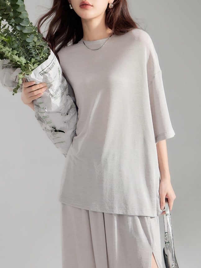 Simple Natural Crew-Neck Plain T-Shirt&Long-Skirt