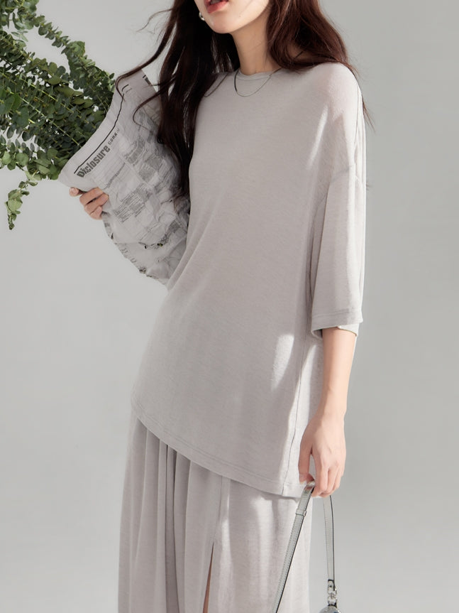 Simple Natural Crew-Neck Plain T-Shirt&Long-Skirt