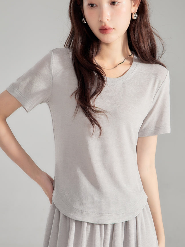 Simple Natural Crew-Neck Plain T-Shirt&Long-Skirt