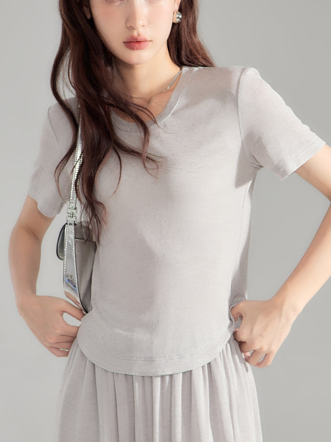 Simple Natural Crew-Neck Plain T-Shirt&Long-Skirt