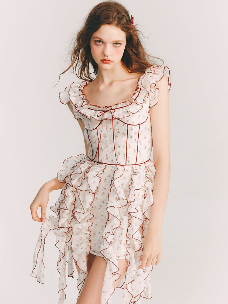 비대칭 프러플 여자 꽃 원피스