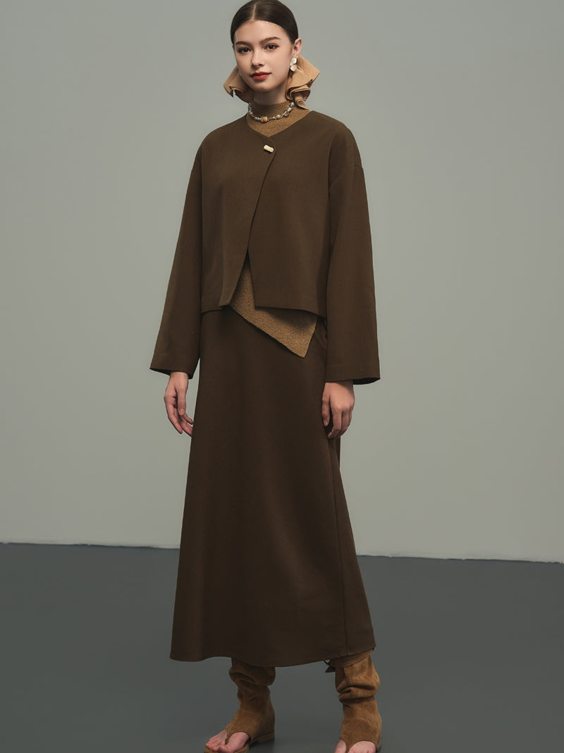 Nichi No-Collar Plain Loose Flare Jacket Mantle