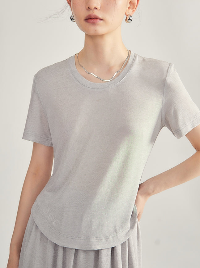 Simple Natural Crew-Neck Plain T-Shirt&Long-Skirt