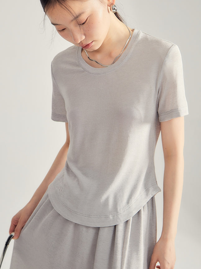 Simple Natural Crew-Neck Plain T-Shirt&Long-Skirt