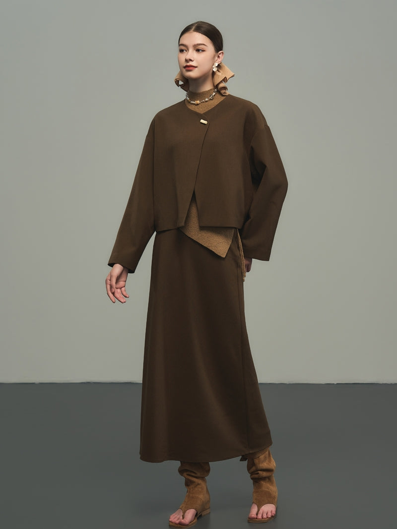 Nichi No-Collar Plain Loose Flare Jacket Mantle