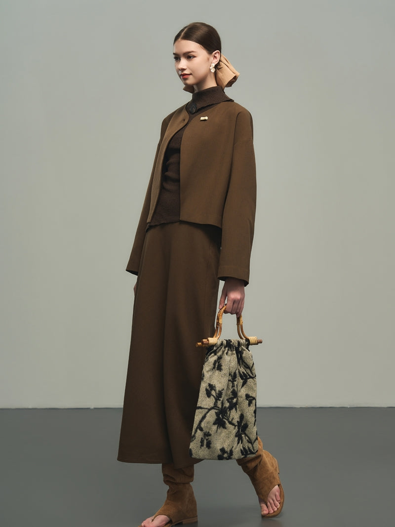 Nichi No-Collar Plain Loose Flare Jacket Mantle