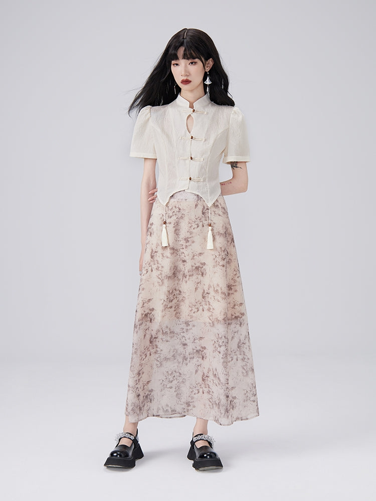 중국 술 꽃 복고풍 블라우스 및 긴 스커트