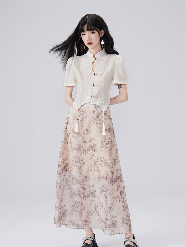 중국 술 꽃 복고풍 블라우스 및 긴 스커트