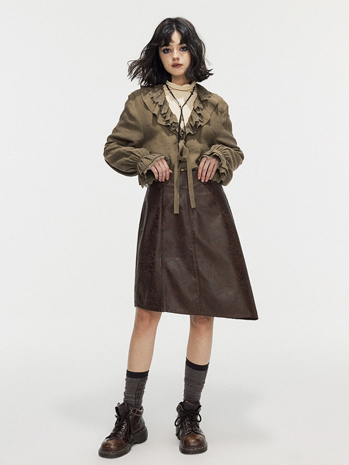 Leather Lace Asymmetry Middle Skirt