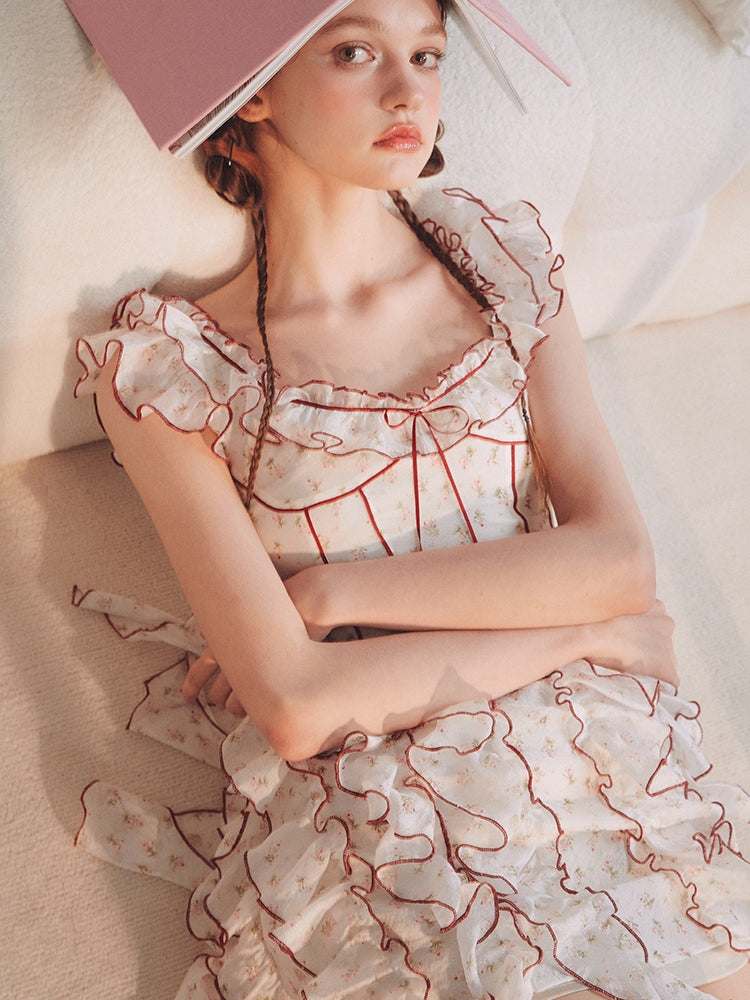 비대칭 프러플 여자 꽃 원피스