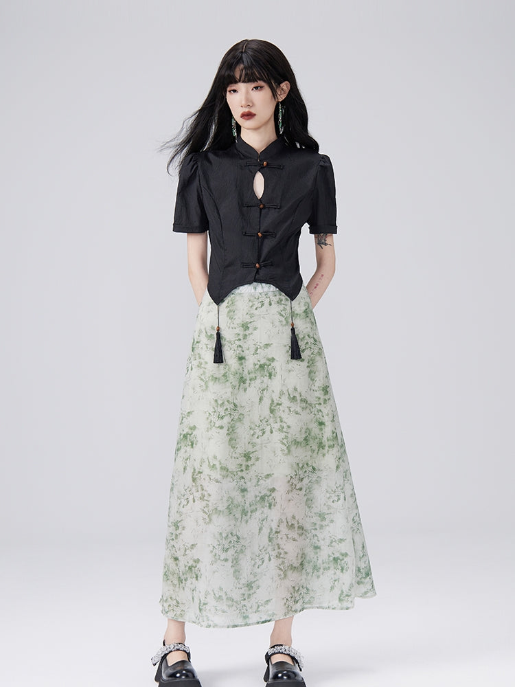 중국 술 꽃 복고풍 블라우스 및 긴 스커트