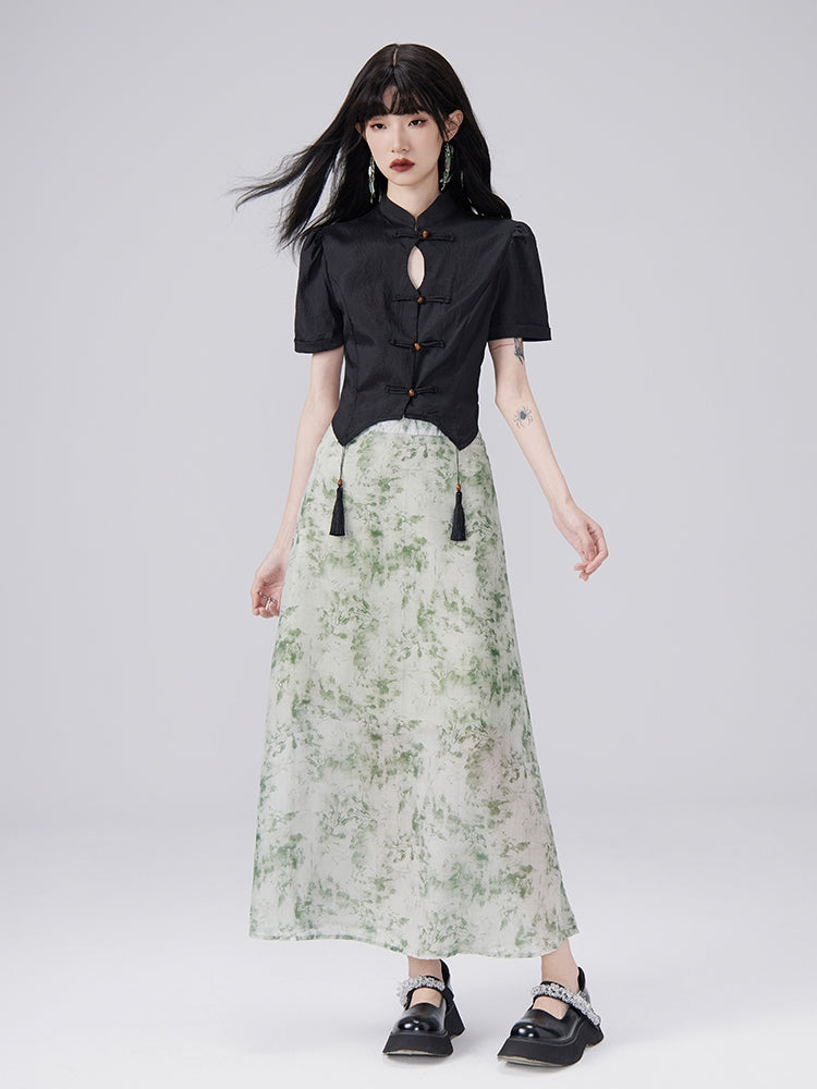 중국 술 꽃 복고풍 블라우스 및 긴 스커트